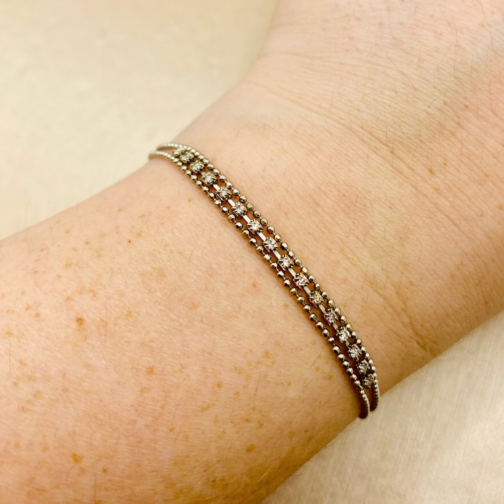 EUC Dainty 18k White Gold Double Strand Bead Pink & White Diamond Bracelet